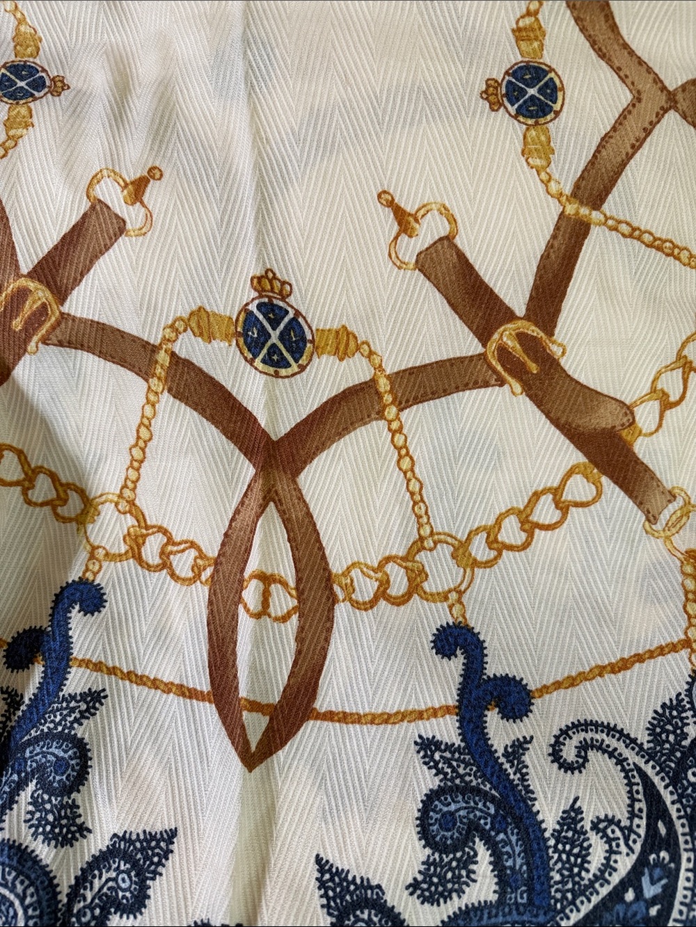 Chico's Cream Scarf with Blue Paisley and Gold Chain Motif - Picture 2 of 3